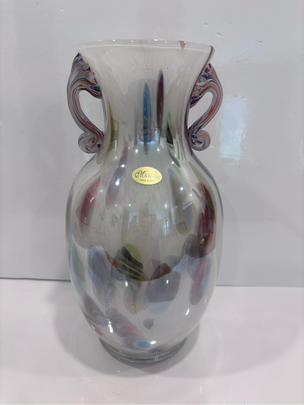 Murano Handblown Multicolor iridescent Glass Vase with Decorative Handles 13”